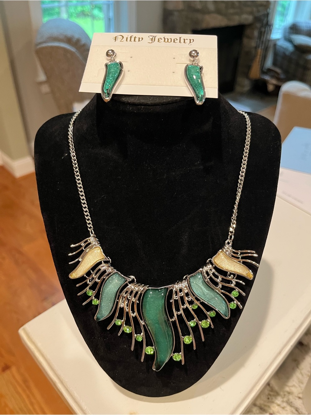Costume Jewelry Collar Necklace Earrings Set, Teal, Blue and Ivory Enamel, NIB